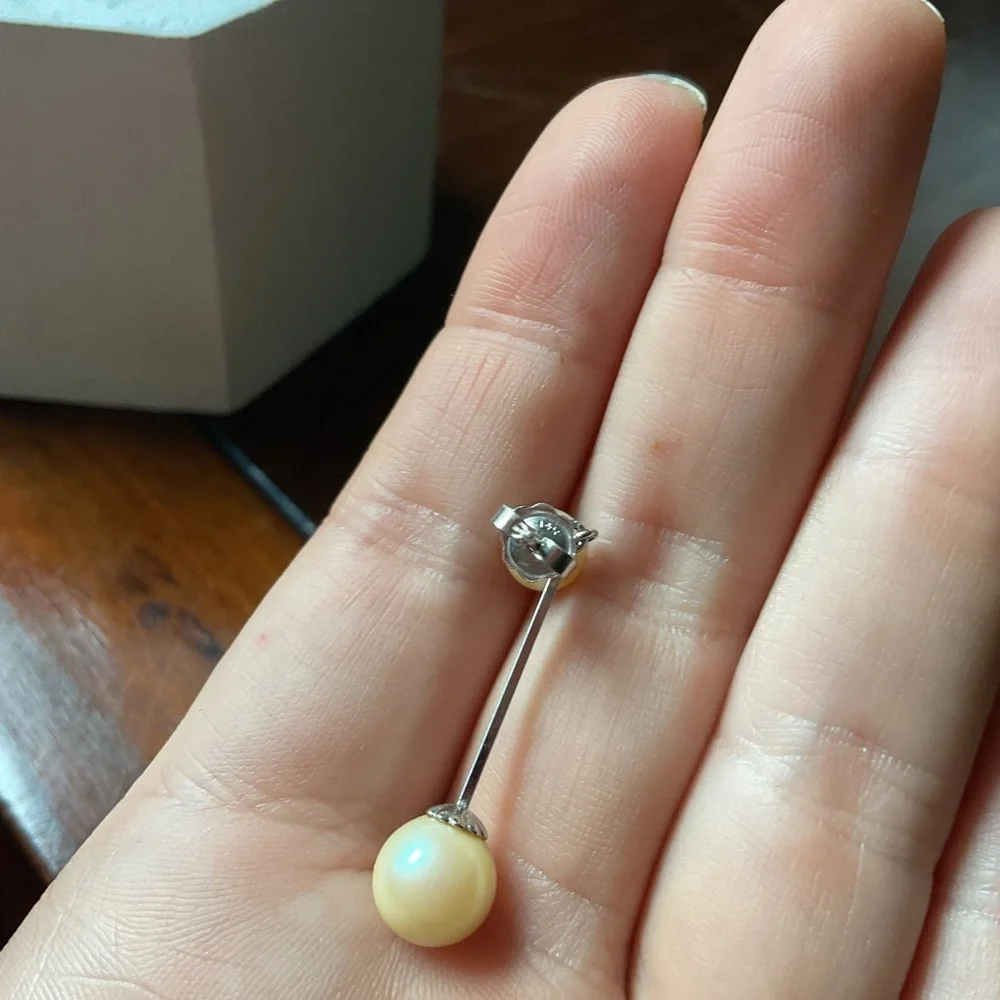 14k White Gold Backs Faux Pearl Dangle Drop Earrings